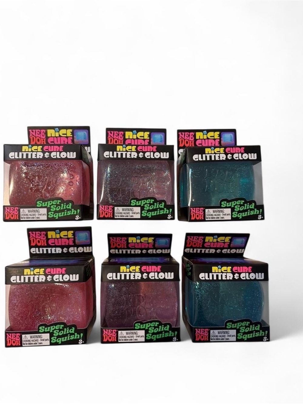 ONE (1) NEW RARE NeeDoh Nice Cube Glitter & Glow Squishy - Pink, Purple & Blue